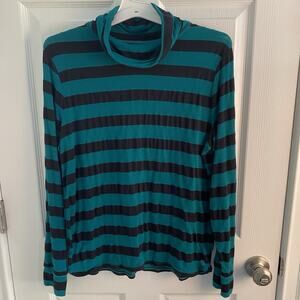 Talbots Tee Shirt Womens L Green Black Rugby Striped Long Sleeve Turtleneck Top